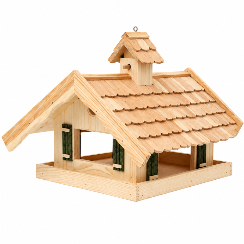 Vogelhaus aus Fichtenholz mit Lärchenholzdach