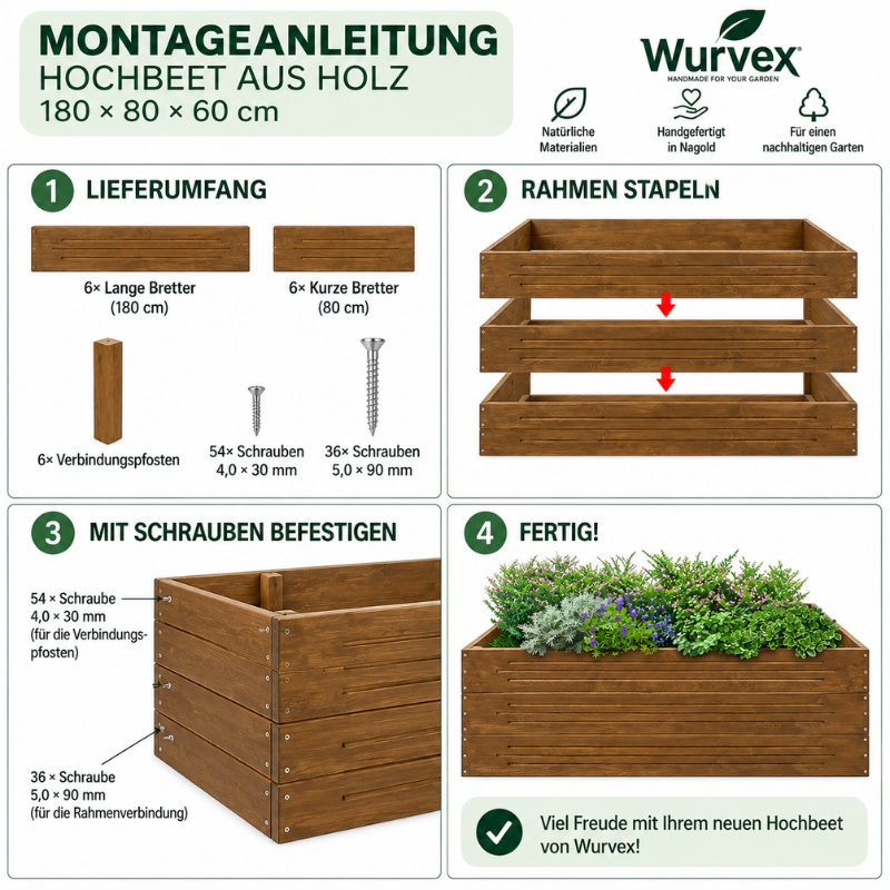 Hochbeet aus Holz 180 × 80 × 60 cm